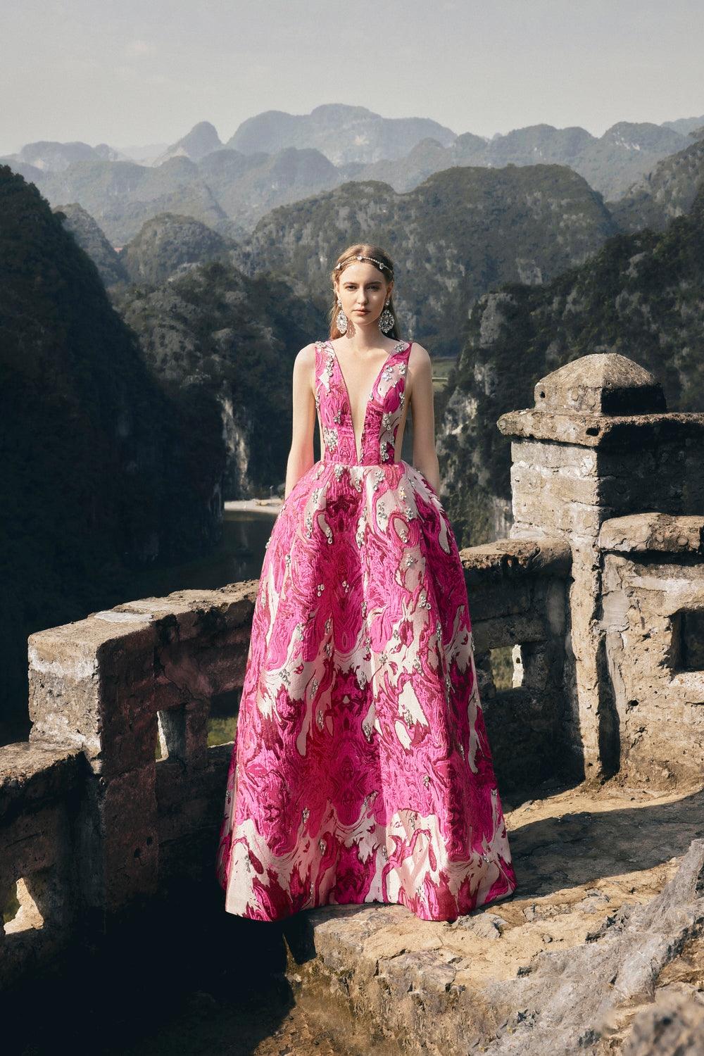 See-Through V-Chest Stone Embellished Dress - TRACY COUTURE